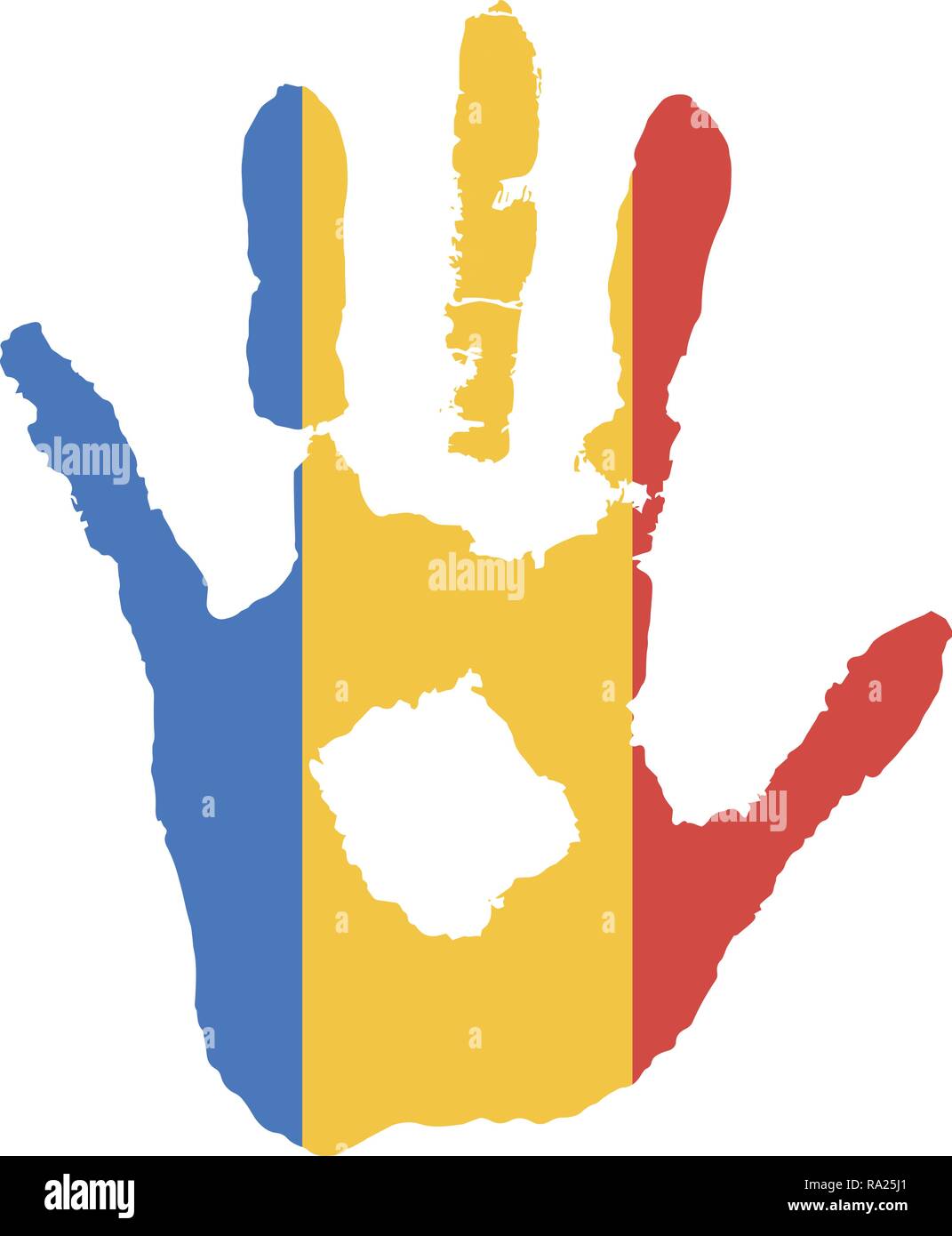 blue, yellow, red color of the flag. vector handprint in the form of the flag of Romania. Stock Vector