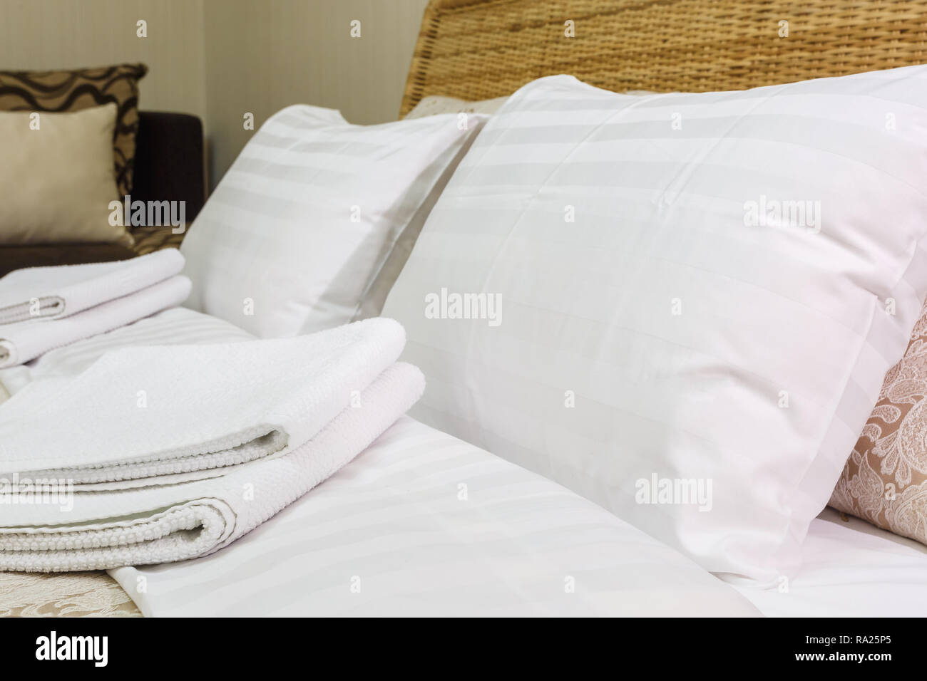 Pillows On The Bed In Interior Of The Modern Bedroom In Loft Flat