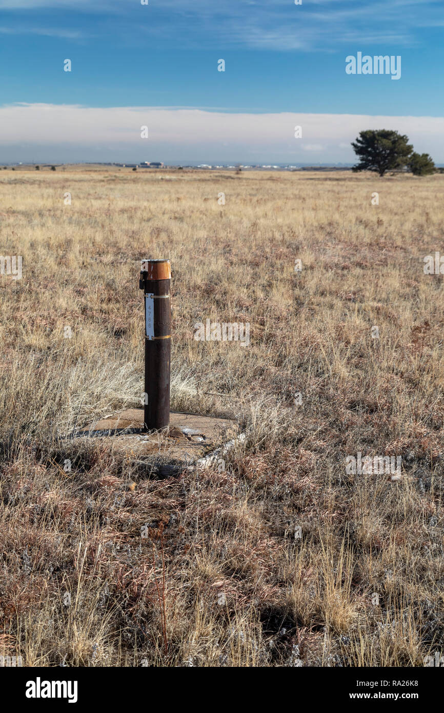 Denver, Colorado - Wells in Rocky Flats National Wildlife Refuge are used to determine whether plutonium and other pollutants have contaminated the gr Stock Photo