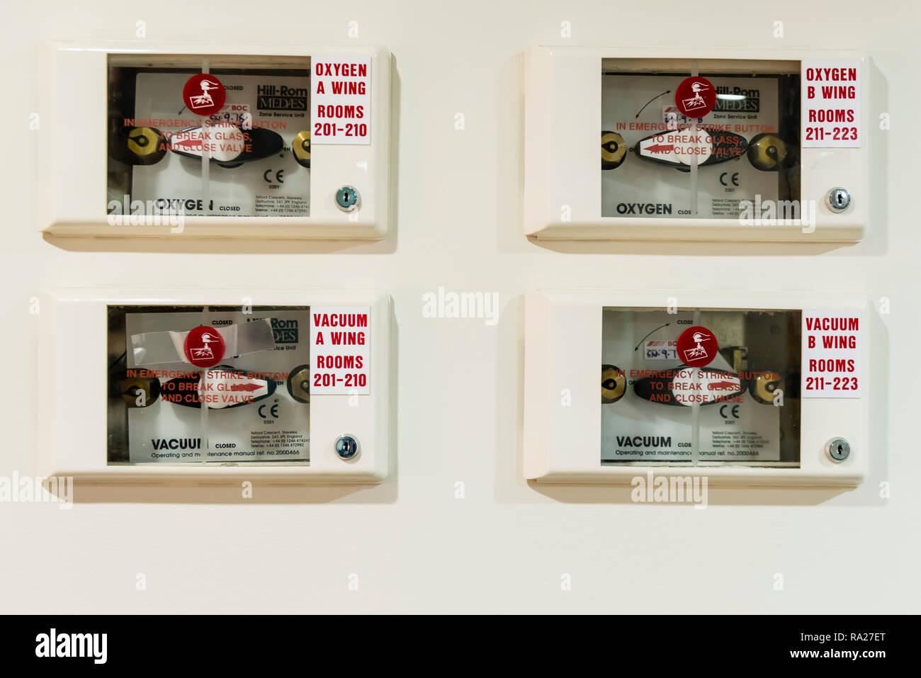 Emergency cutoff valves for the oxygen supply and suction