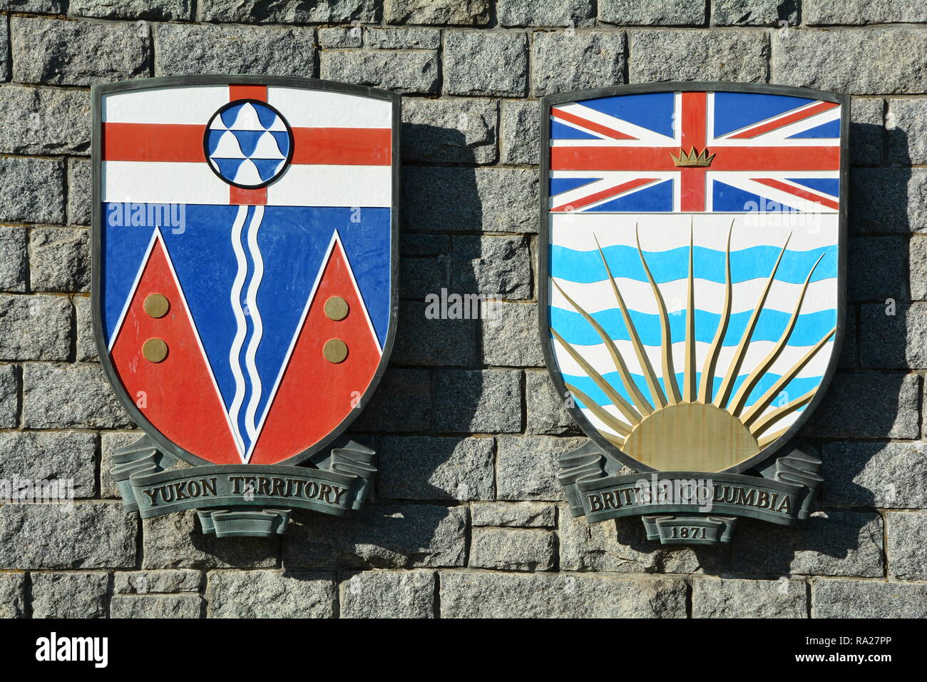 Coats of arms for the Yukon Territory and the province of British Columbia Stock Photo