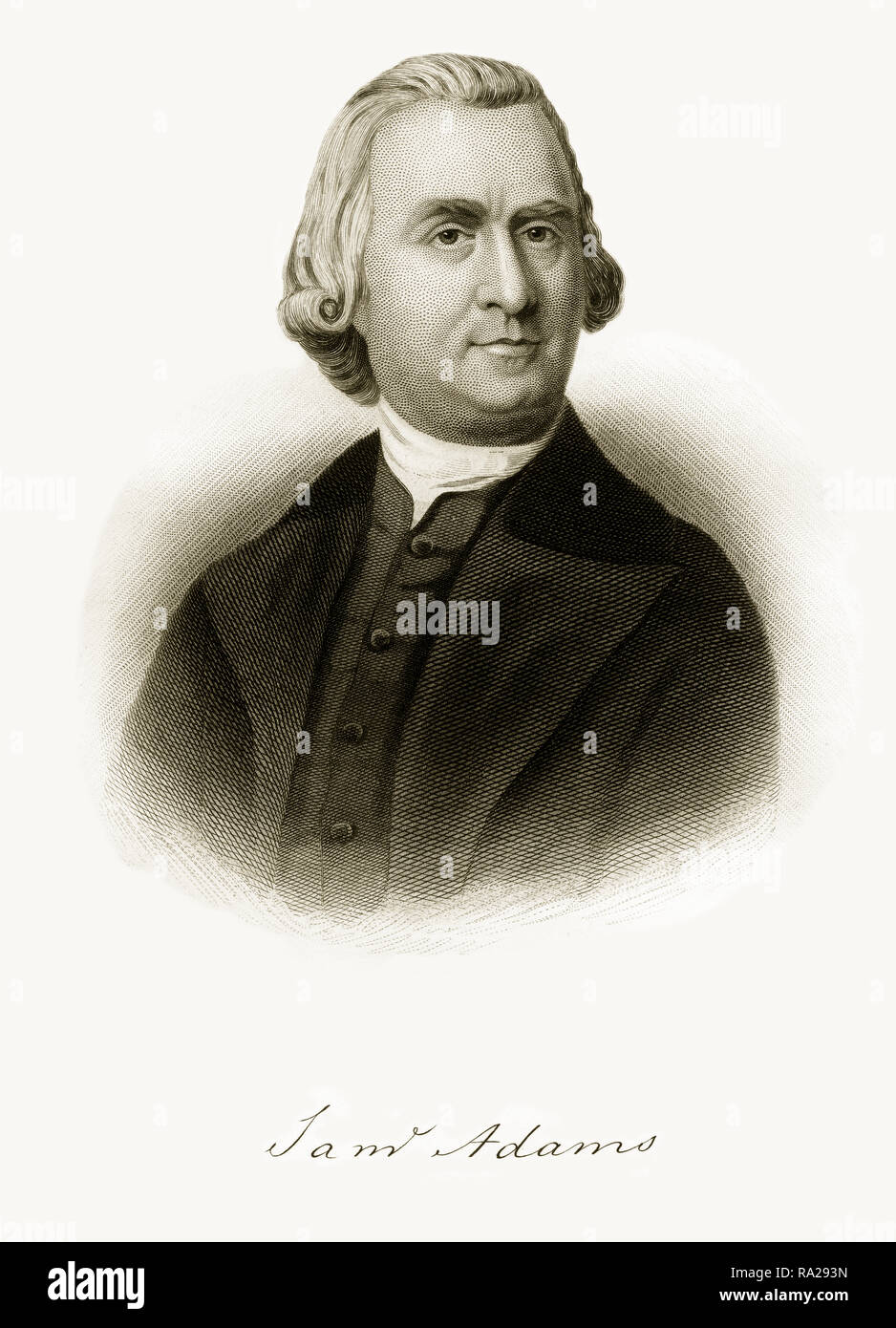 Very rare, beautifully detailed full length engraved portrait of Samuel Adams Historical Engraving, Published in 1872. Image also includes signature. Stock Photo