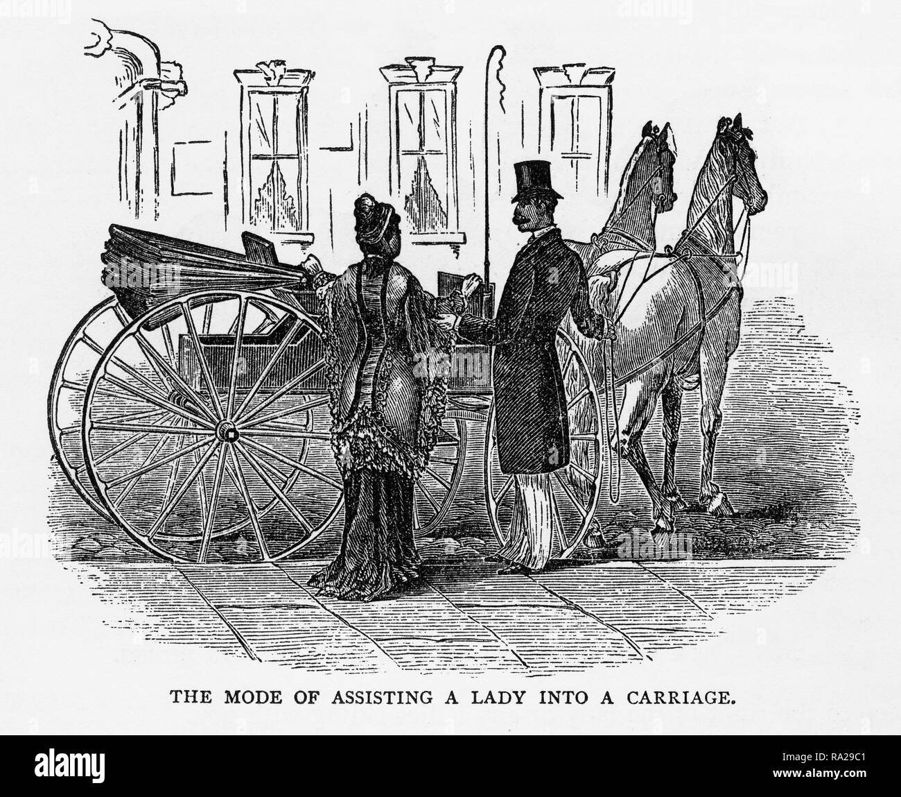 Proper Mode of Assisting a Lady into a Carriage Victorian Engraving, 1879 Stock Photo