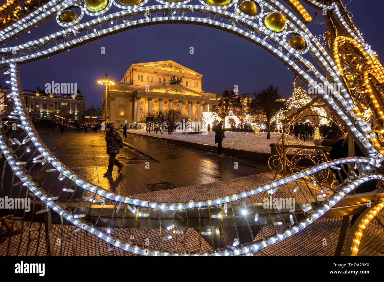 Winter view of the facade of the Bolshoi theatre and New Year decoration of Moscow city during annual the festival 'Journey to Christmas', Russia Stock Photo