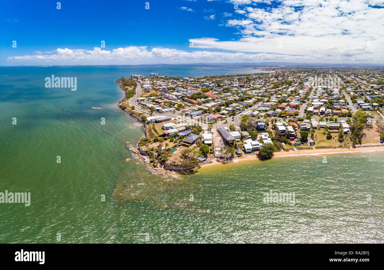 Aerial drone view of Suttons Beach, Redcliffe, Queensland, Australia