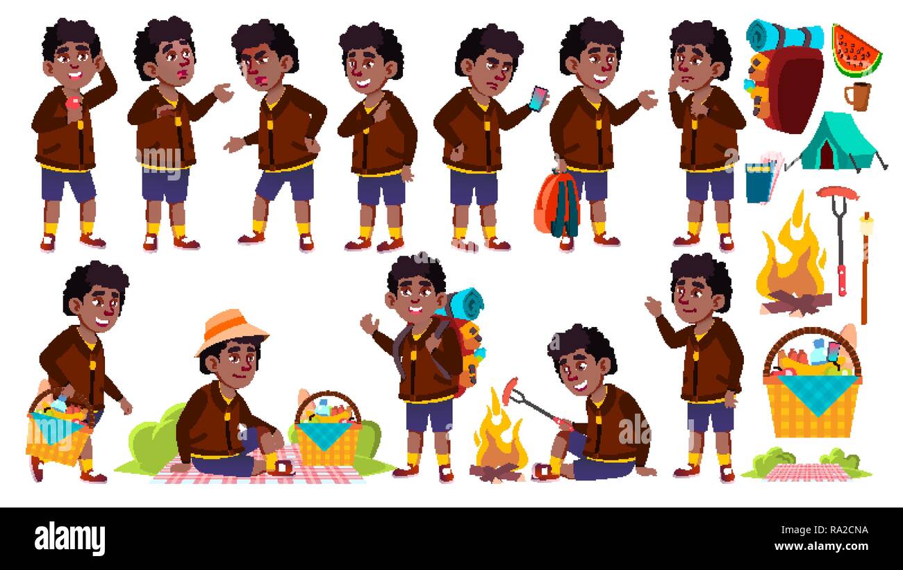 Boy Schoolboy Kid Poses Set Vector. Primary School Child. Black. Afro ...