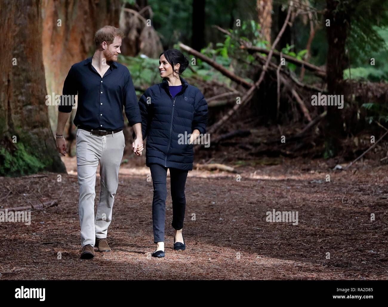 10 in series of 10. File photo dated 31/10/2018 of Harry and Maghan walking through a forest during a visit to Redwoods Tree Walk and Mountain Biking Showcase in Rotorua, New Zealand, on day four of the royal couple's tour of New Zealand. Stock Photo