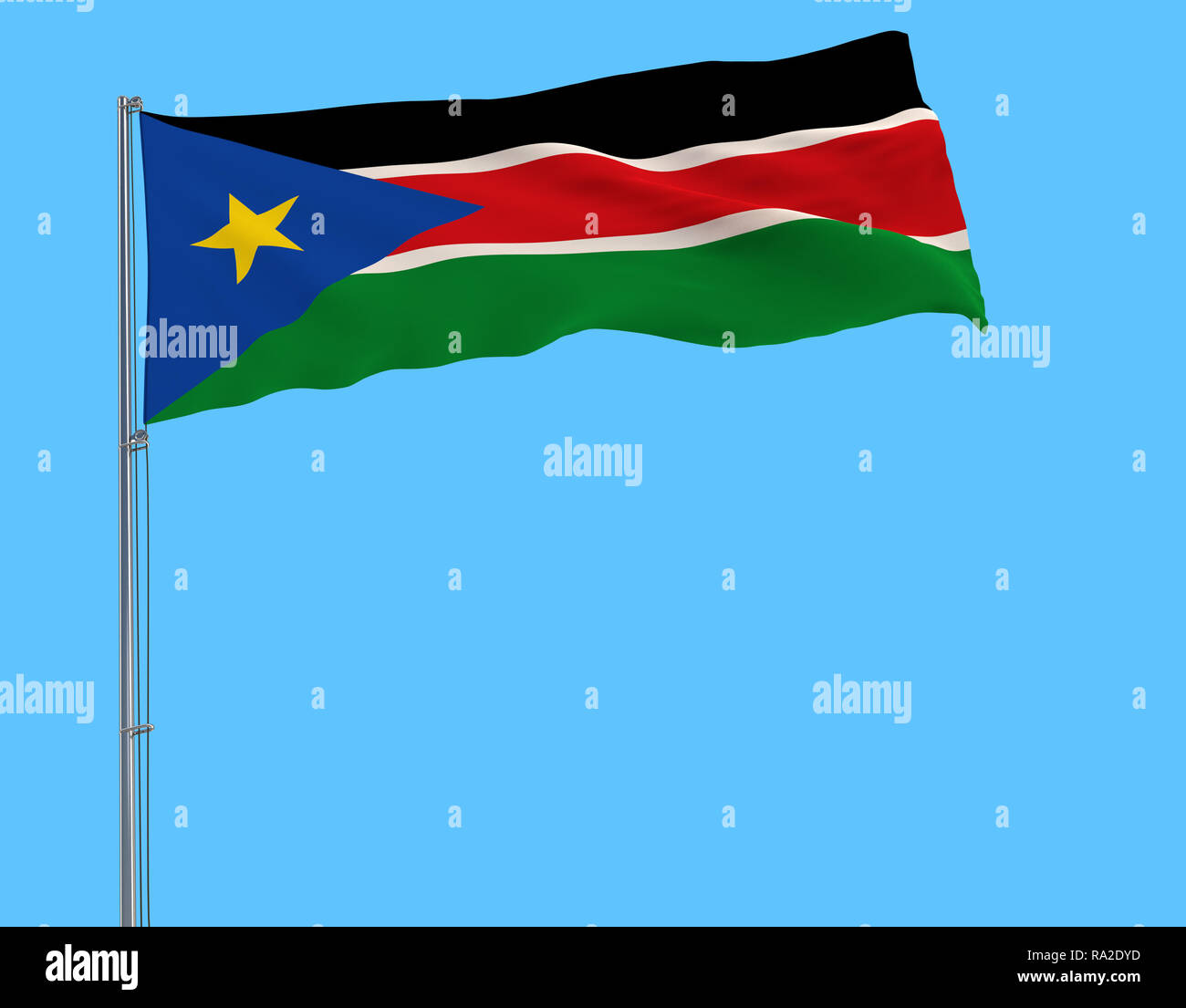 Flag of South Sudan on the flagpole fluttering in the wind on a pure ...