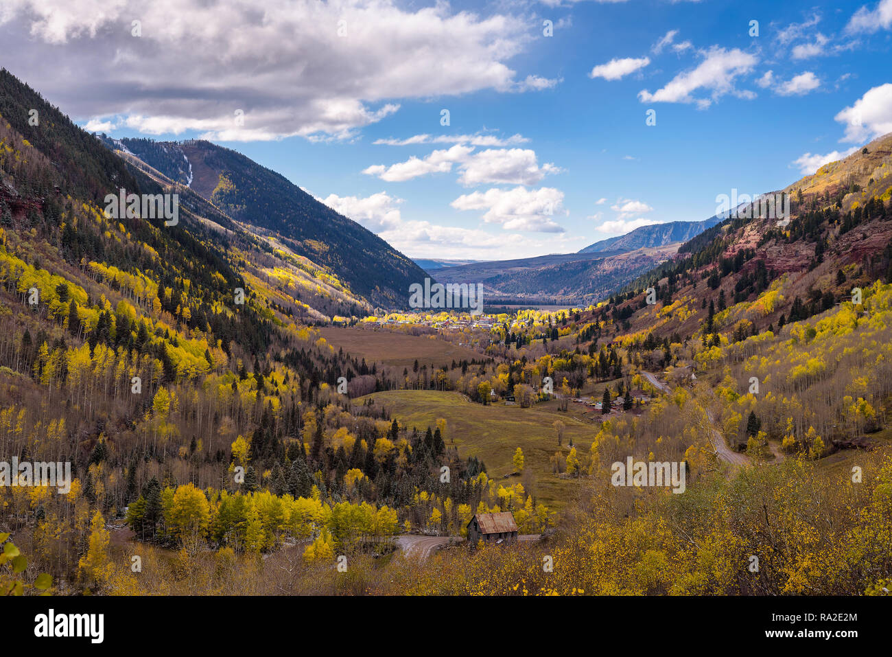 Aerial view of Telluride, Colorado in autumn Stock Photo