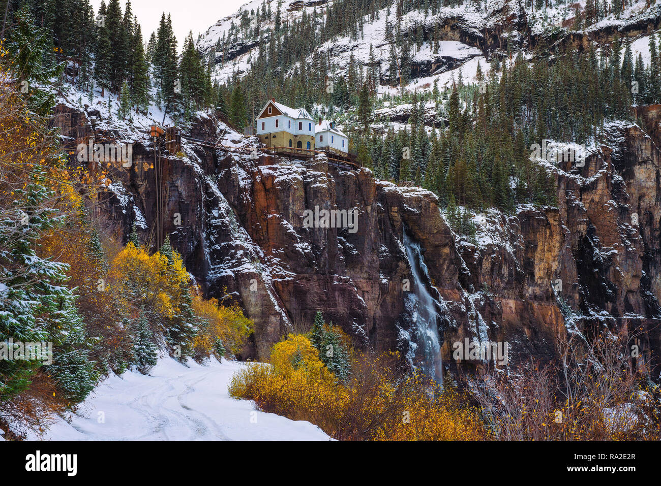 Bridal Veil Falls with a power plant at its top in Telluride, Colorado Stock Photo