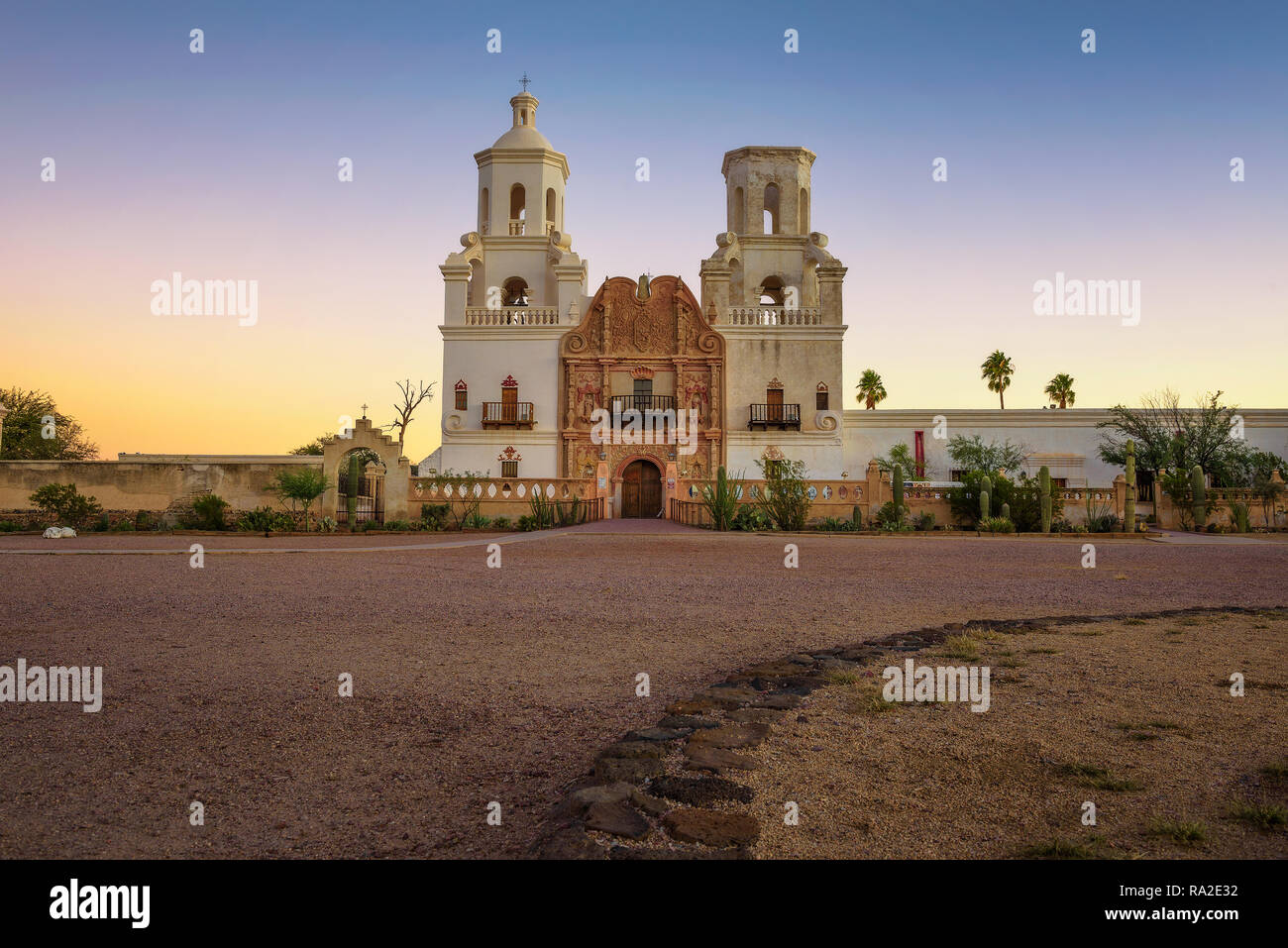 Sunrise at the San Xavier Mission Church in Tucson Stock Photo