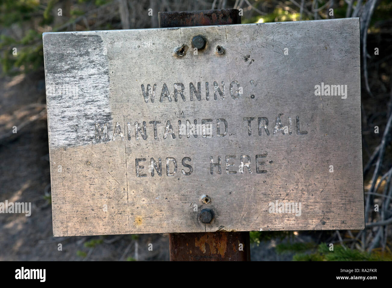 WA15622-00...WASHINGTON - Sign at end of maintained trail on the Emmons Moraine Trail in the White River area of Mount Rainier National Park. Stock Photo