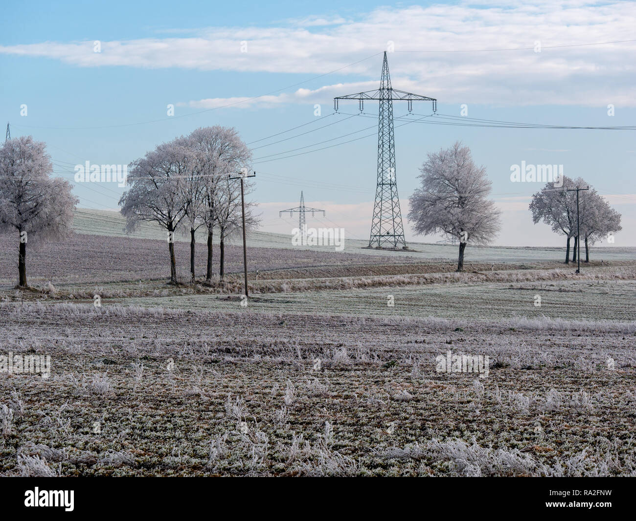Image of winter landscape with power lines for power supply Stock Photo ...
