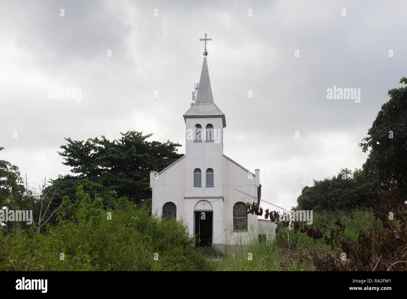 Kribi, Sud / Cameroon - February 12 2017: A colonial church outside on a hill close to the coastal town of Kribi, Cameroon. Stock Photo