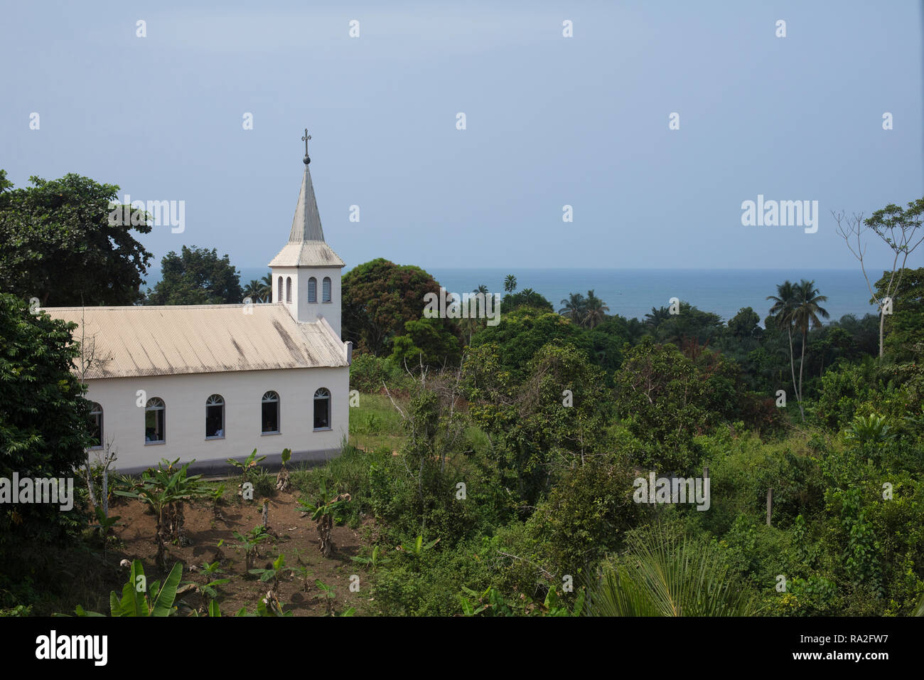 Kribi, Sud / Cameroon - February 12 2017: A colonial church outside on a hill close to the coastal town of Kribi, Cameroon. Stock Photo
