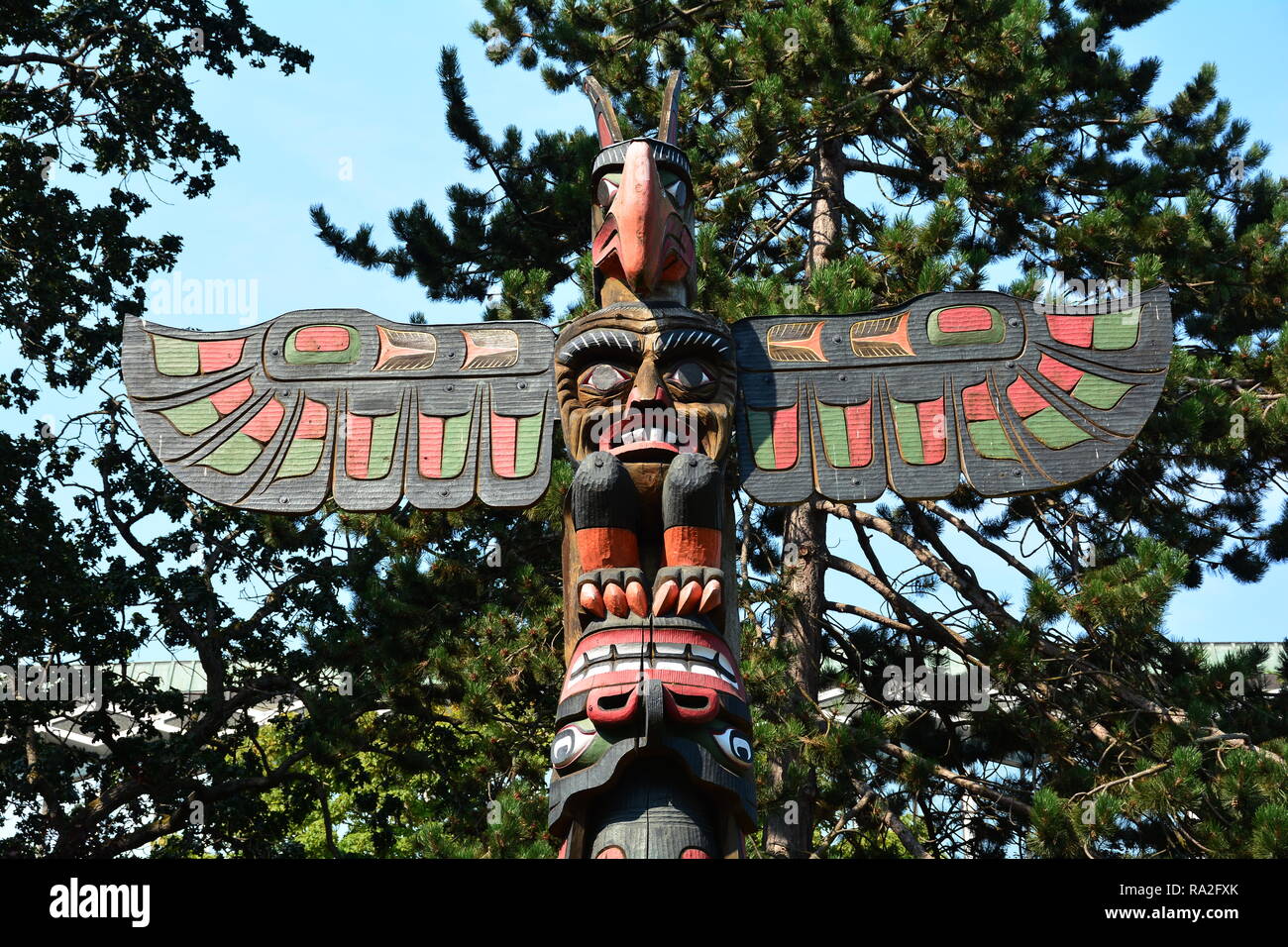 First Nations Totem Pole at Thunderbird Park, Victoria BC. Stock Photo