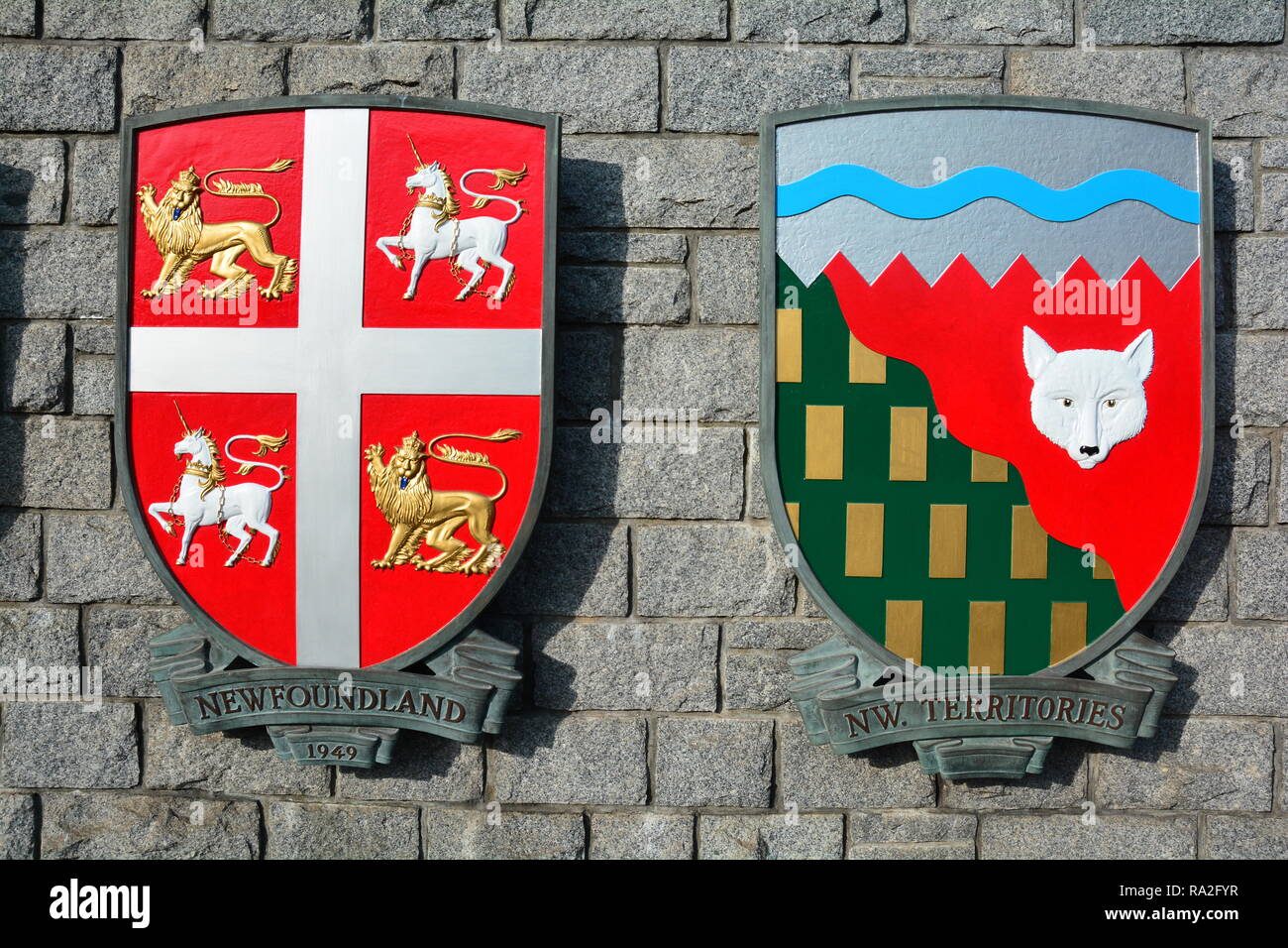 Coats of arms for the Canadian province of Newfoundland and the Northwest Territory. Stock Photo