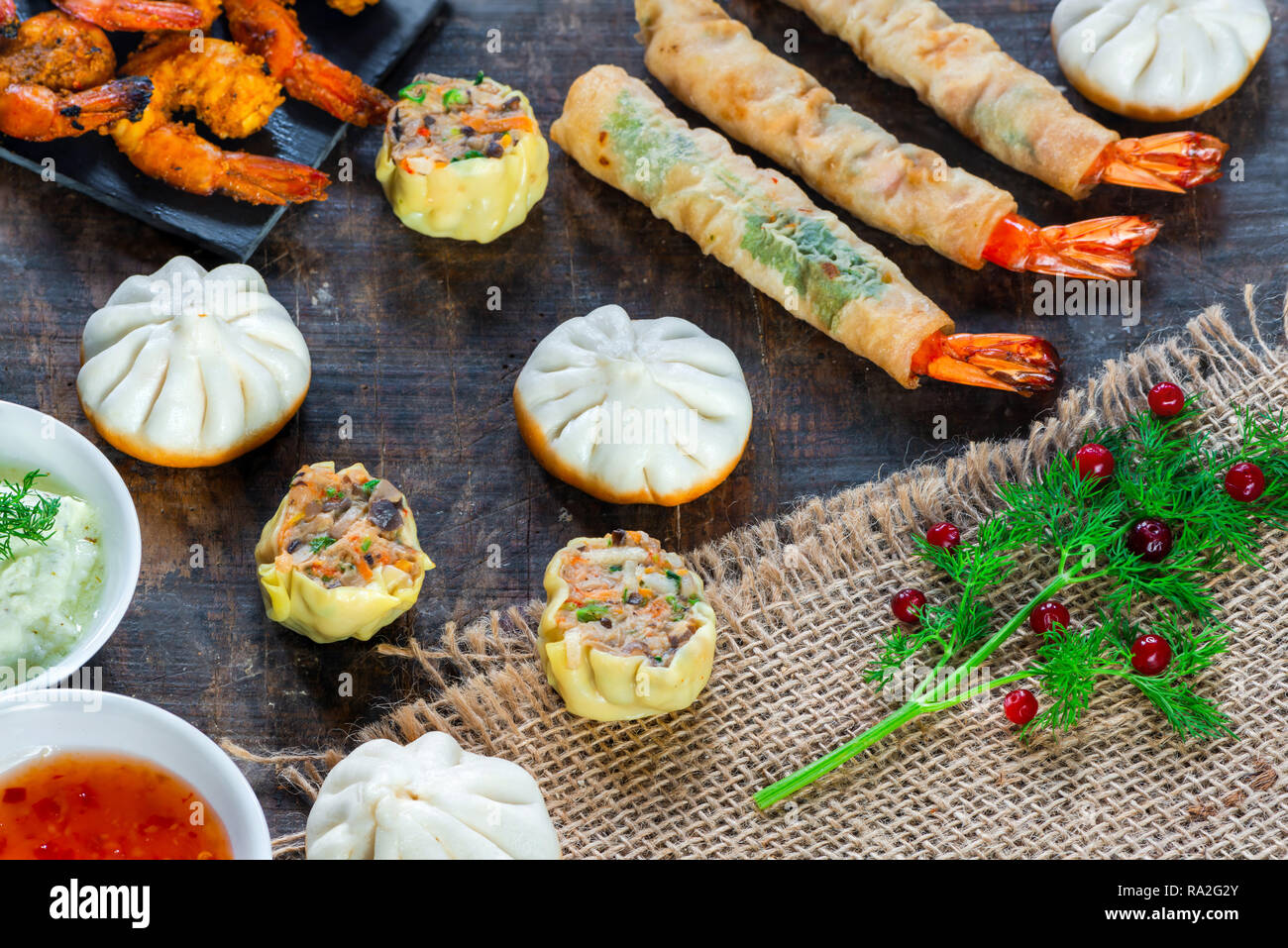 Giant king prawns and selection of mini Chinese dumplings with sweet