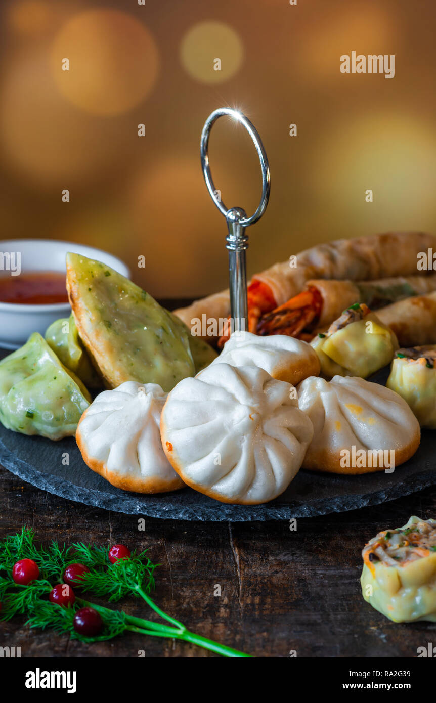 Giant king prawns and selection of mini Chinese dumplings with sweet