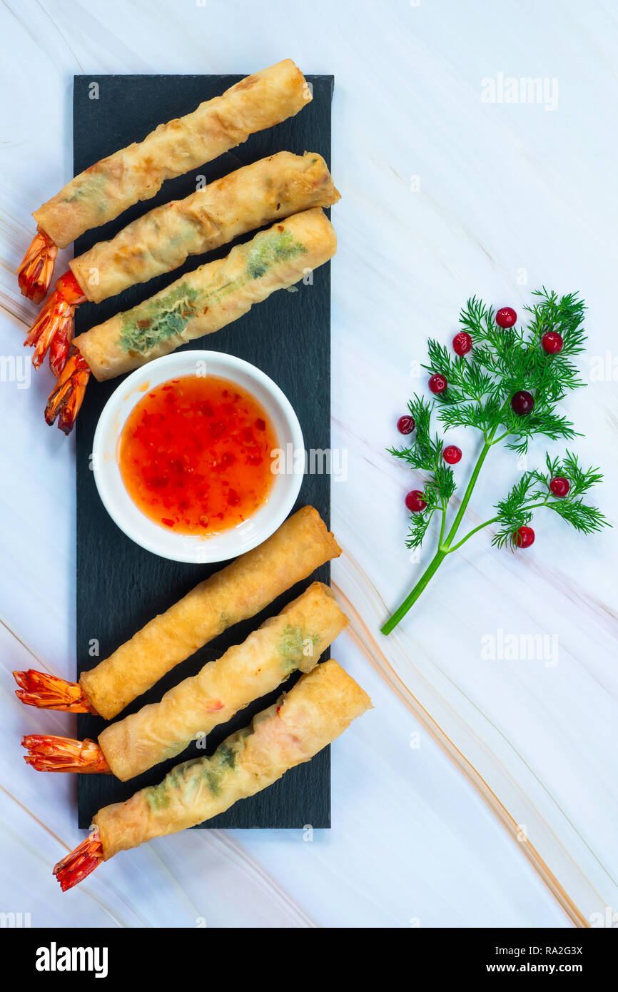 Giant king prawns with sweet chili dipping sauce. Party food idea. Top