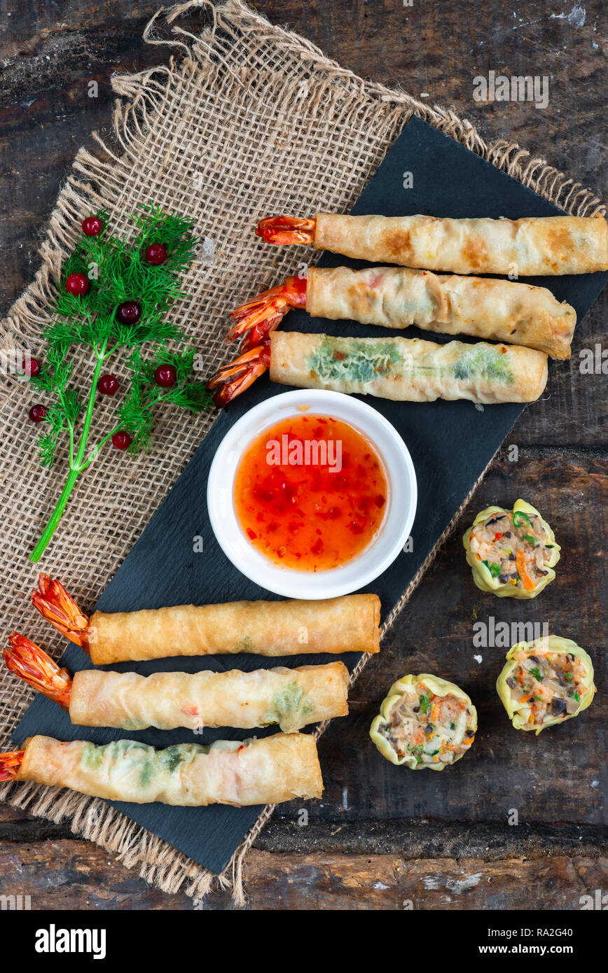 Giant king prawns and mini Chinese dim sum with sweet chili dipping