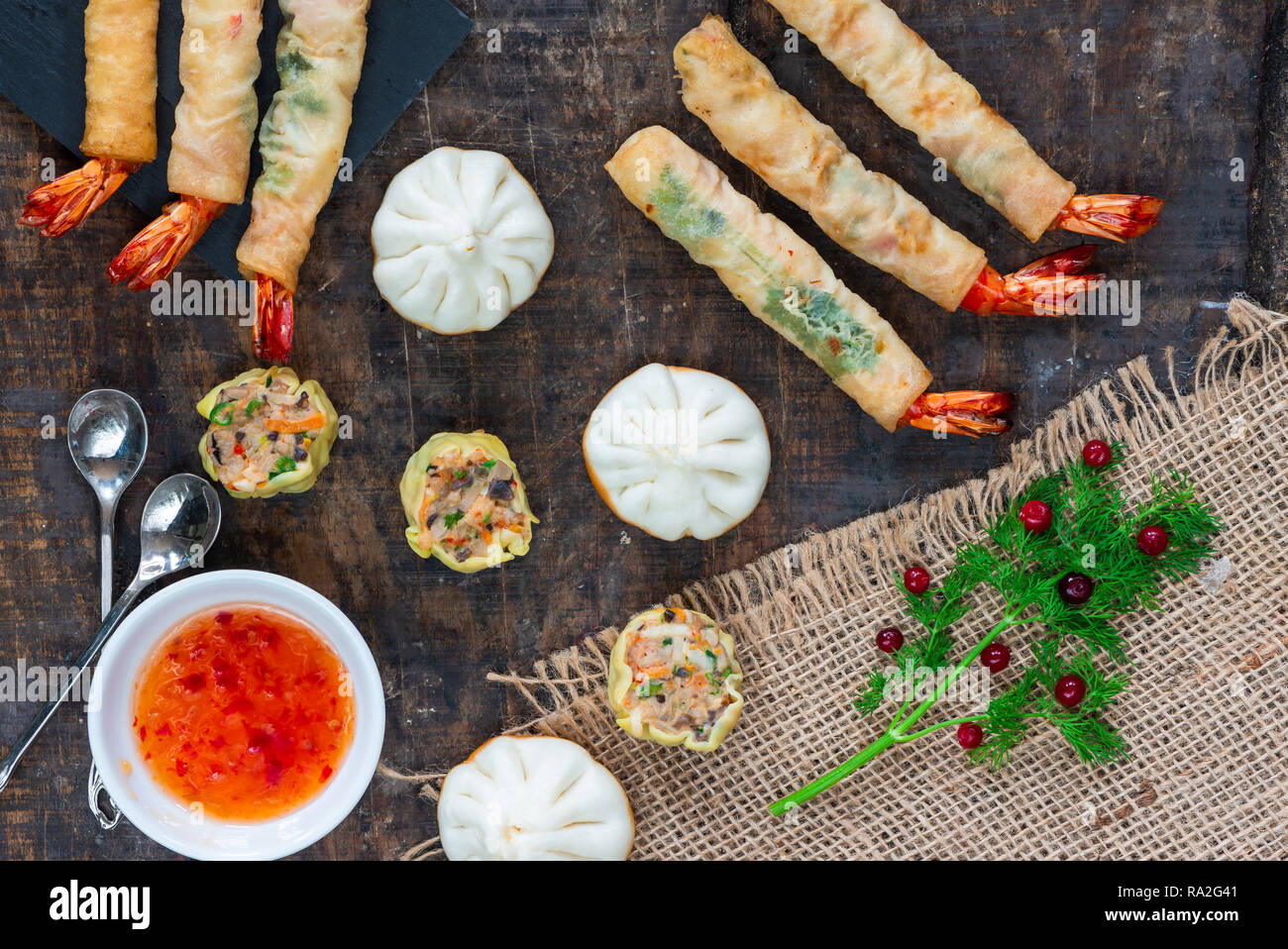 Giant king prawns and selection of mini Chinese dumplings with sweet