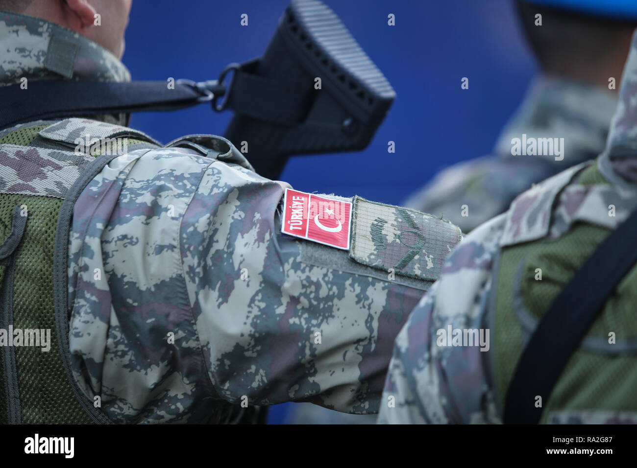 BUCHAREST, ROMANIA - December 1, 2018: Turkish soldiers, holding MPT 76 ...