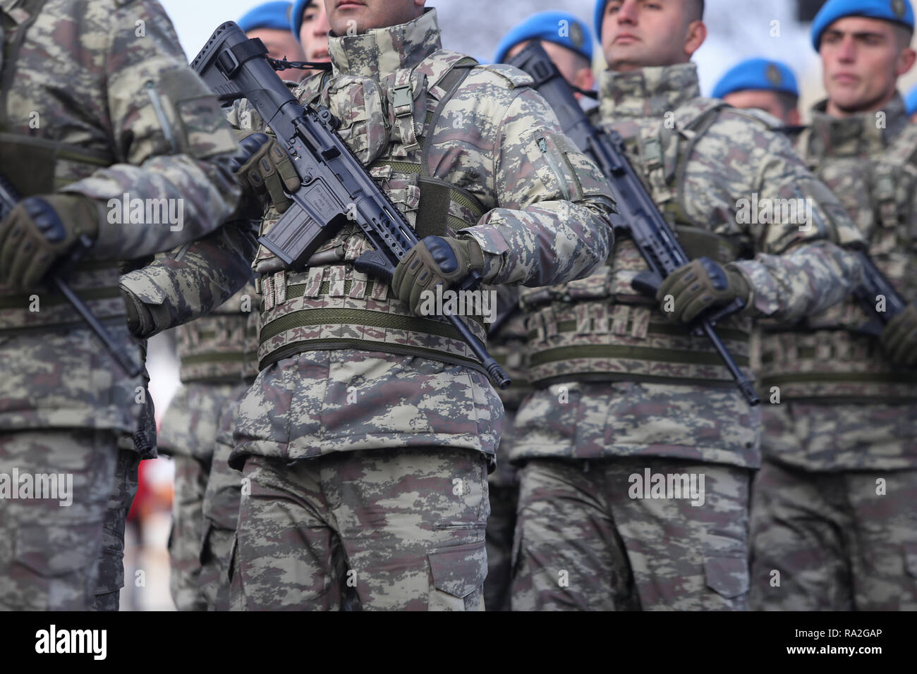 BUCHAREST, ROMANIA - December 1, 2018: Turkish soldiers, holding MPT 76 ...