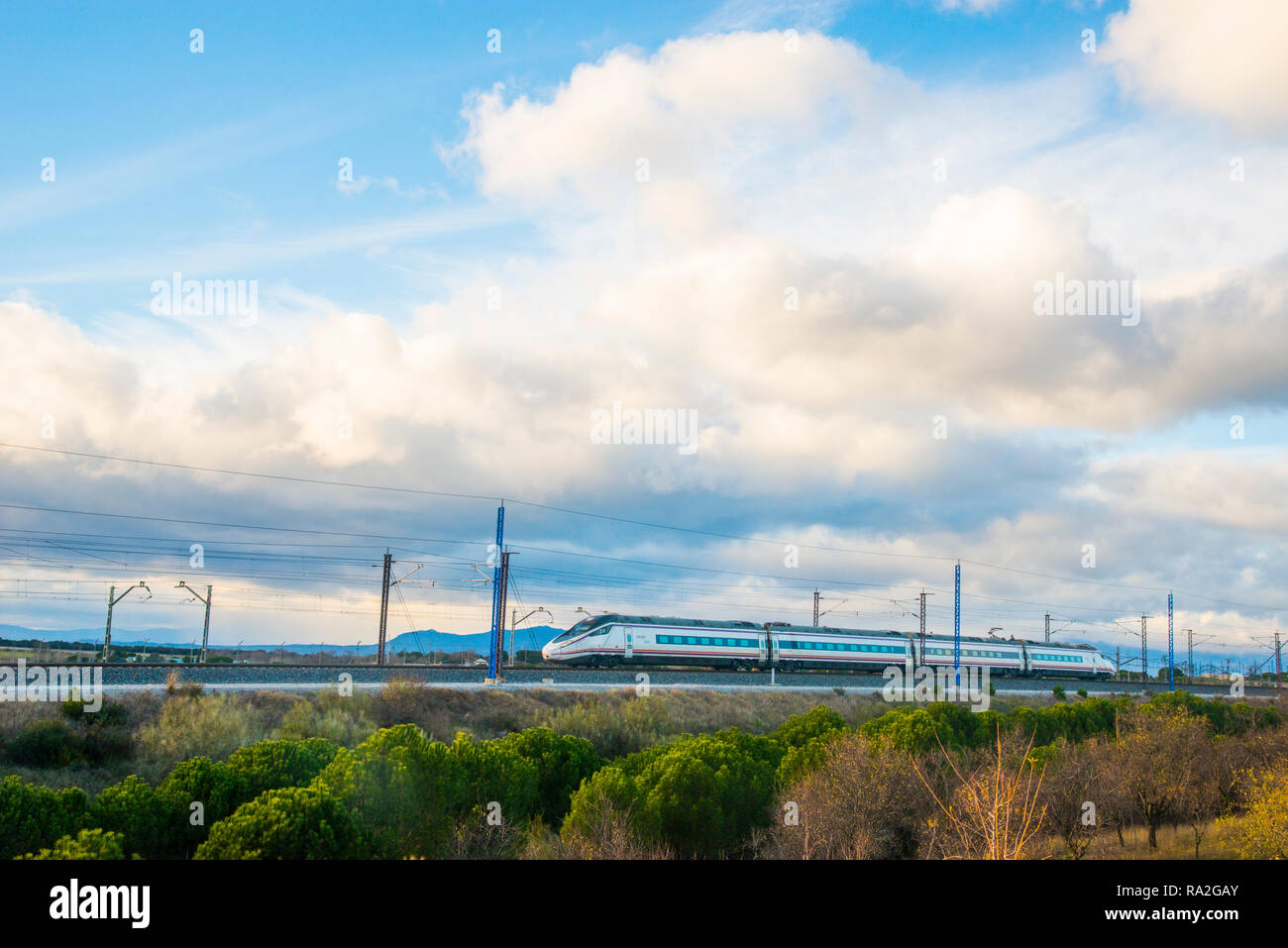 High speed train traveling near Madrid. Spain. Stock Photo