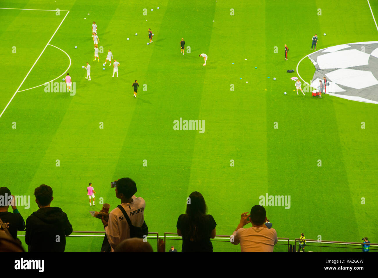 Spectators during Champions League football match. Santiago Bernabeu stadium, Madrid, Spain. Stock Photo