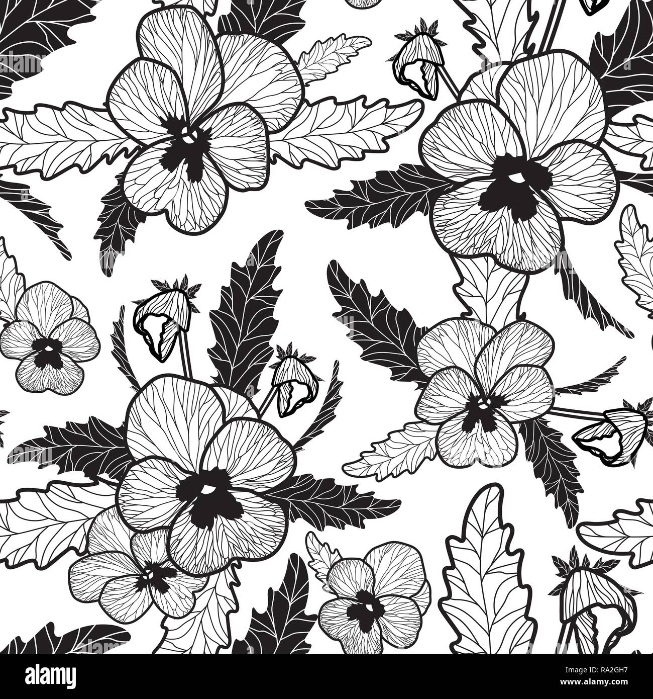 Floral Vector seamless pattern with black line pansies on white background. Retro Vintage style pattern. Perfect for weddings and anniversary cards Stock Vector