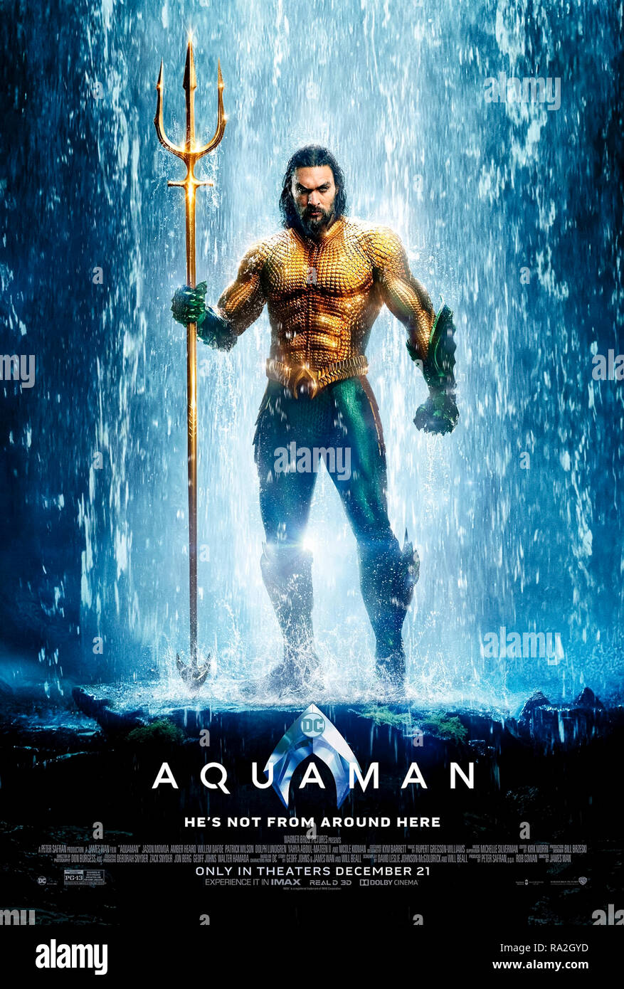 Aquaman (2018) directed by James Wan and starring Jason Momoa, Amber Heard, Nicole Kidman and Randall Park. Arthur Curry discovers he is the King of Atlantis also known as Aquaman. Stock Photo