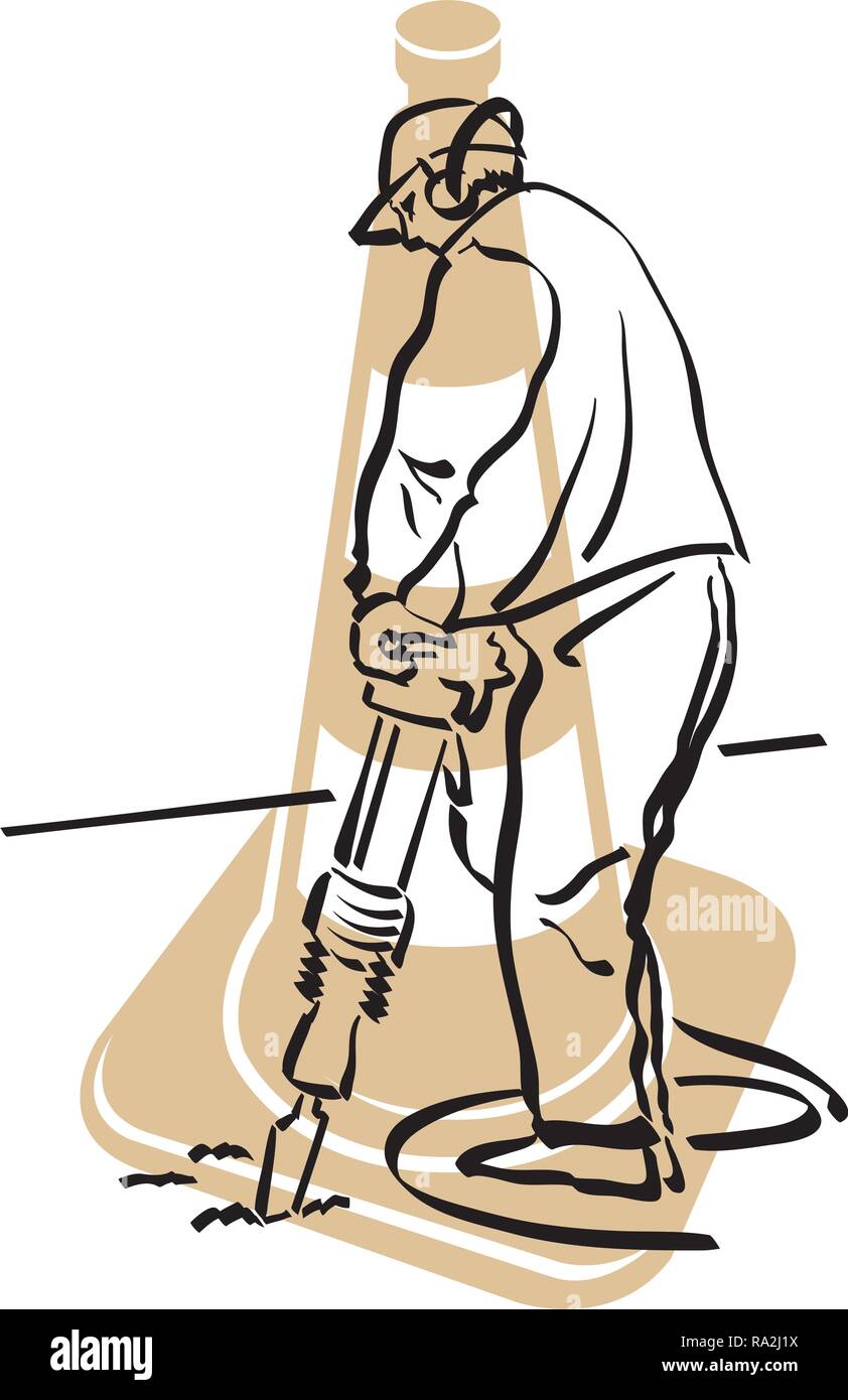 illustration of a road worker who is using a jackhammer on a road surface Stock Vector