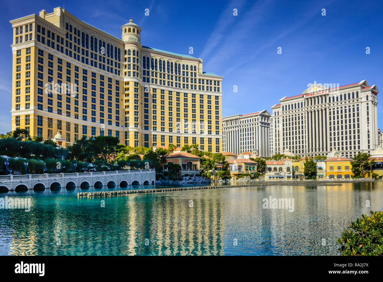 Impressive view across the lake to the front of the Belliago Hotel and Casino on the Las Vegas Strip in Las Vegas, NV with Caesars Palace in distance Stock Photo