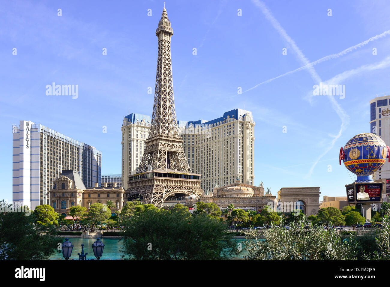 View of the Paris Las Vegas Hotel and Casino on the Las Vegas Strip with the replicas of the Arc de Triomphe, Effiel tower and the Vintage Montgolfier Stock Photo