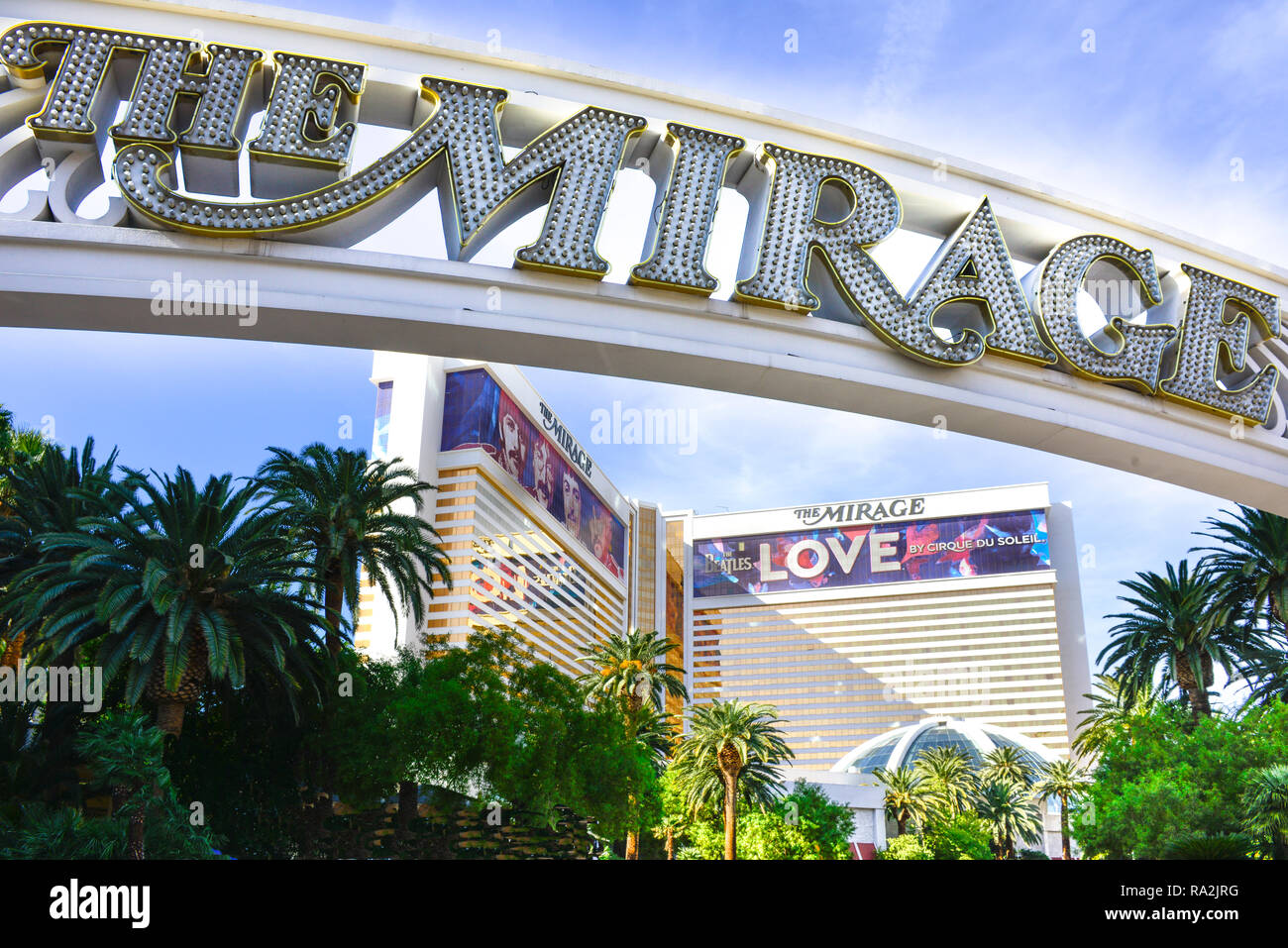 A close up of the the arched signage for The Mirage Hotel and Casino at