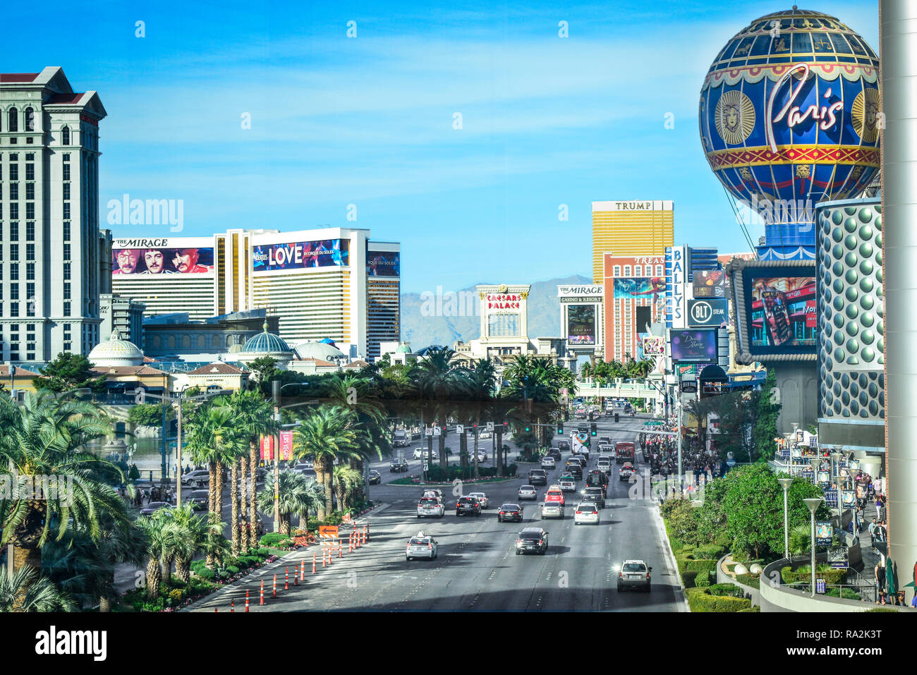 Elevated view of traffic on the Las Vegas Strip with numerous hotels and casinos and  palm trees lining the famous drive in Las Vegas, NV Stock Photo