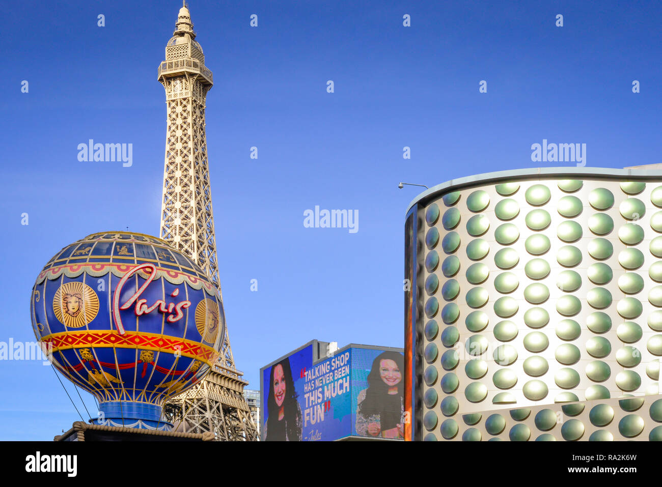 View of the replica of the Montgolfier Brothers Hot Air Balloon from 1782, along with the replica of the Effiel Tower at the Paris Las Vegas Resort Ho Stock Photo
