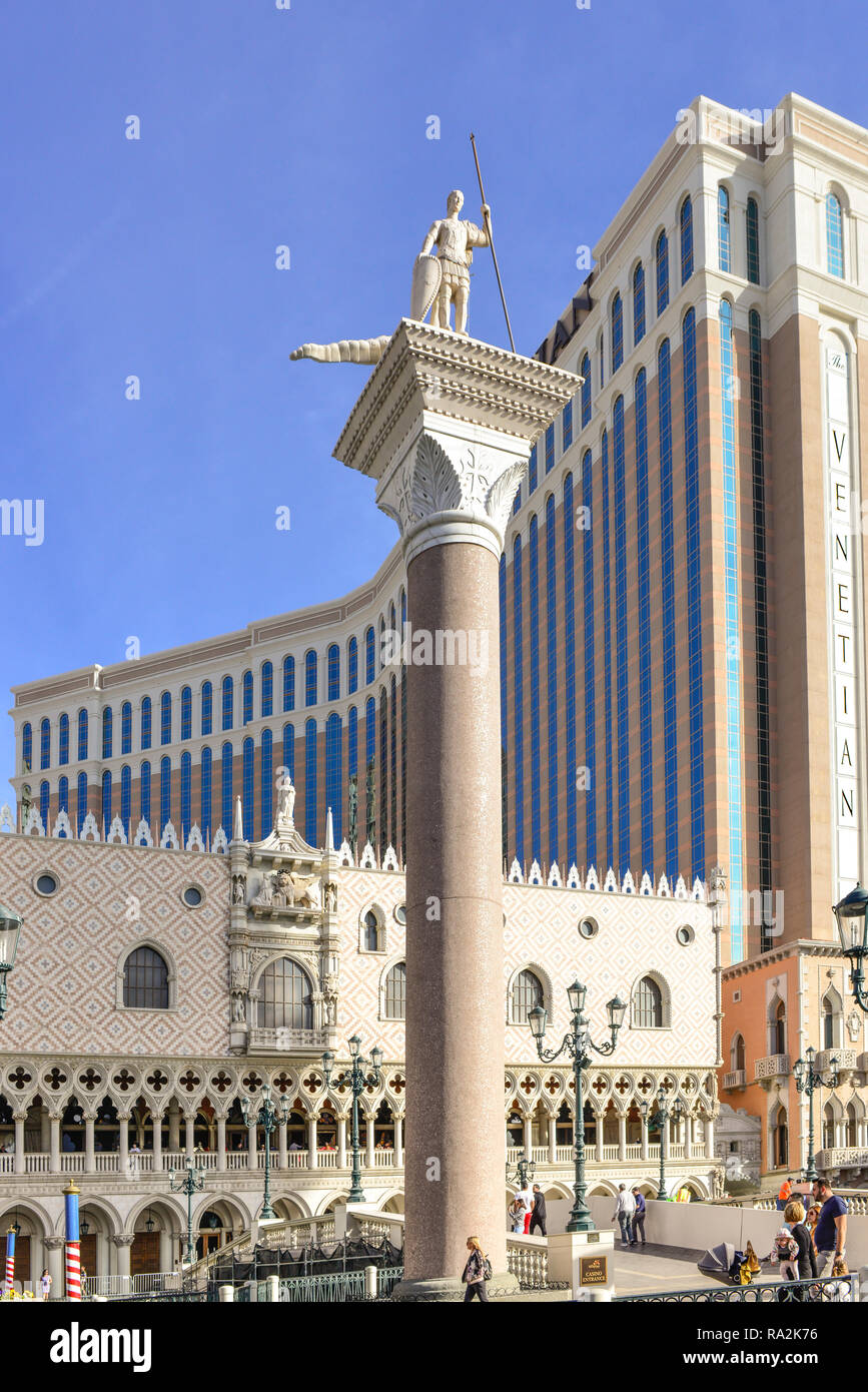 High atop a Flueted column, a replica of patron St. Theodore stands in the recreated St. Marks square at the Venetian Las Vegas Resort Hotel and Casin Stock Photo