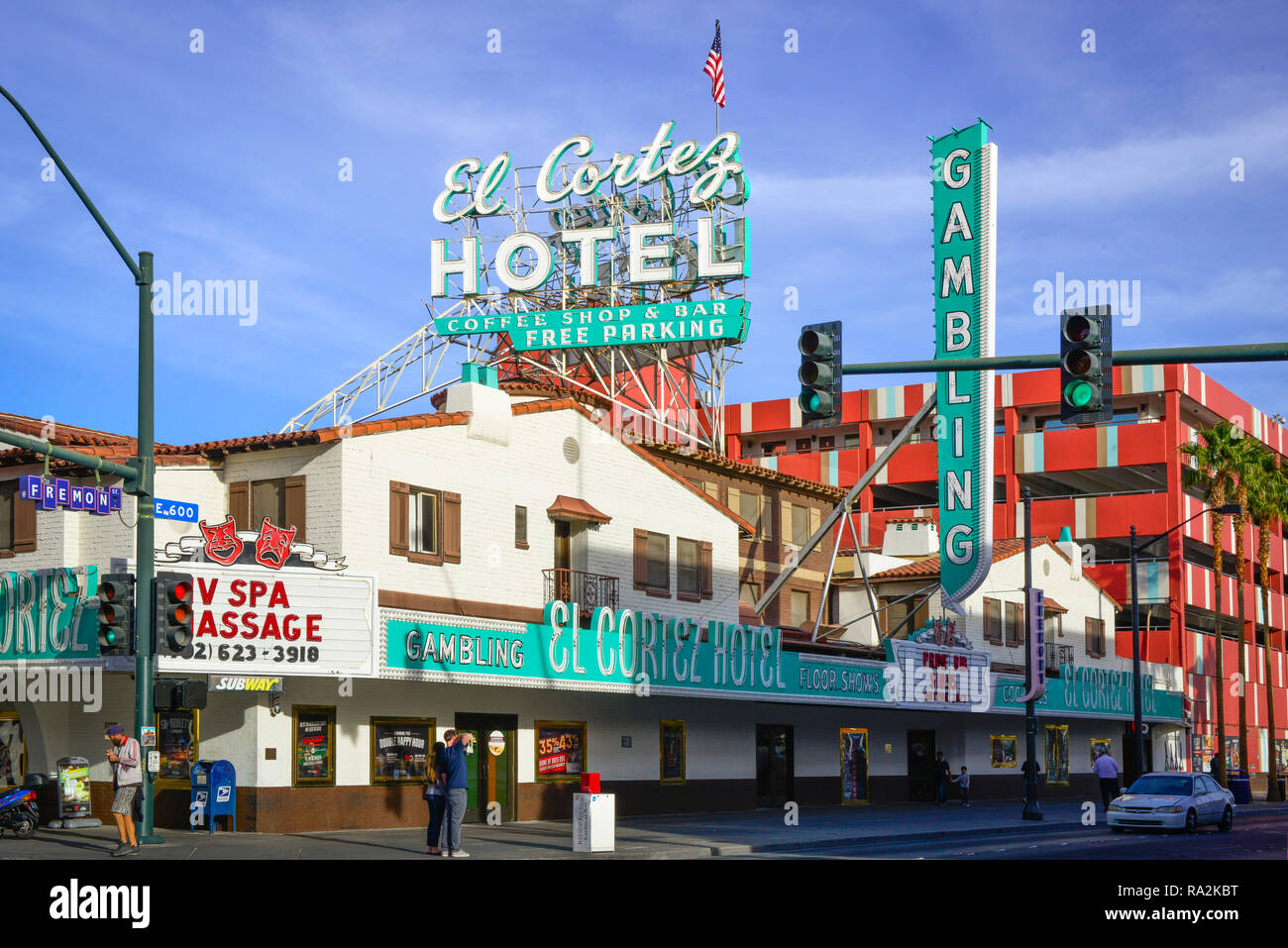 The vintage El Cortez Hotel original roof sign, installed in 1952, still remains a major downtown Landmark in Las Vegas, NV Stock Photo