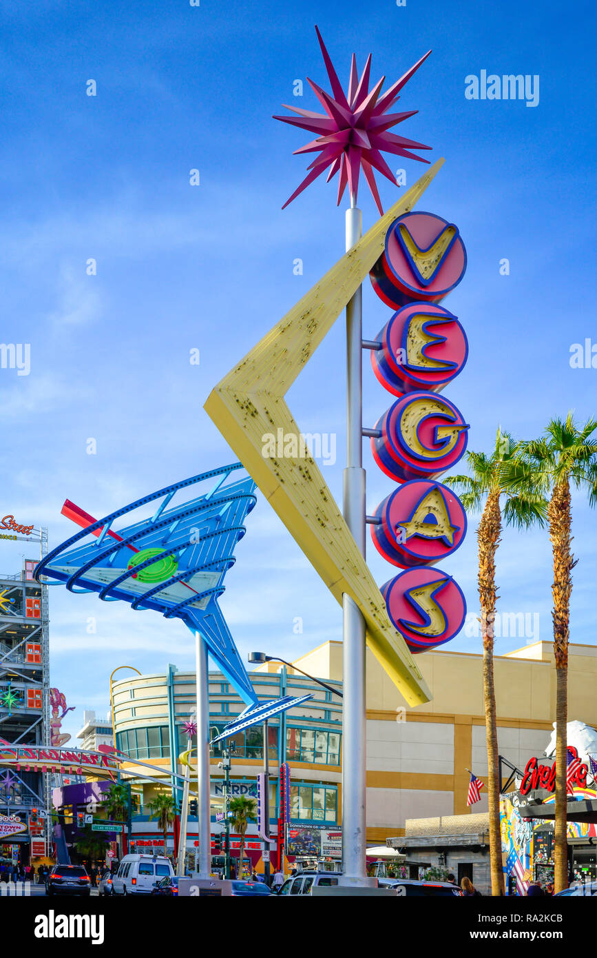 Vintage Neon signs and symbols of entertainment and fun, greet tourists and gamblers to the nearby Fremont Street Experience entrance in downtown Las  Stock Photo