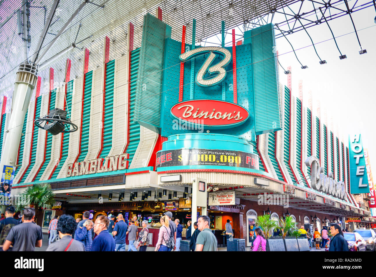 Entrance to the world famous Binion's Gambling Hall and Hotel, a vintage casino located at the Fremont Street Experience in downtown Las Vegas, NV Stock Photo