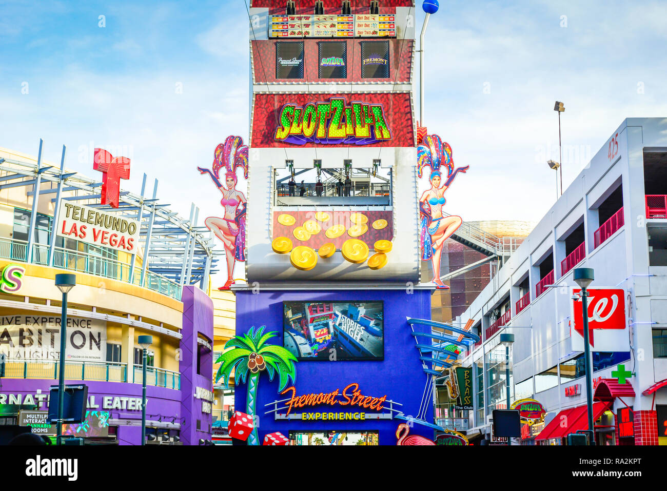 Towering, colorful sign for the Fremont Street Experience in downtown Las Vegas, NV Stock Photo
