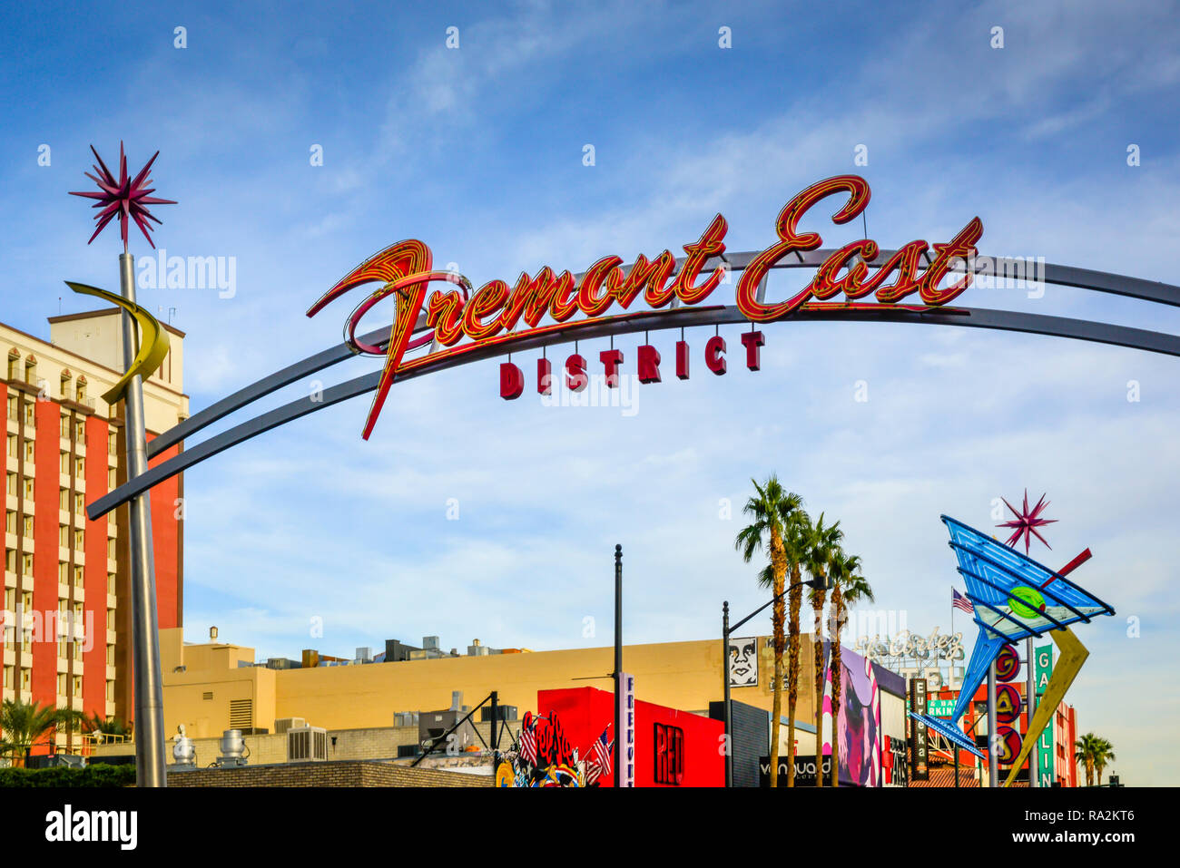 Overhead sign of neon welcoming visitors to the Fremont East District of vintage downtown Las Vegas, NV, USA Stock Photo