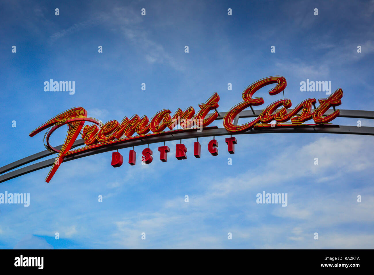 Isolated Overhead sign of neon welcoming visitors to the Fremont East District of vintage downtown Las Vegas Stock Photo