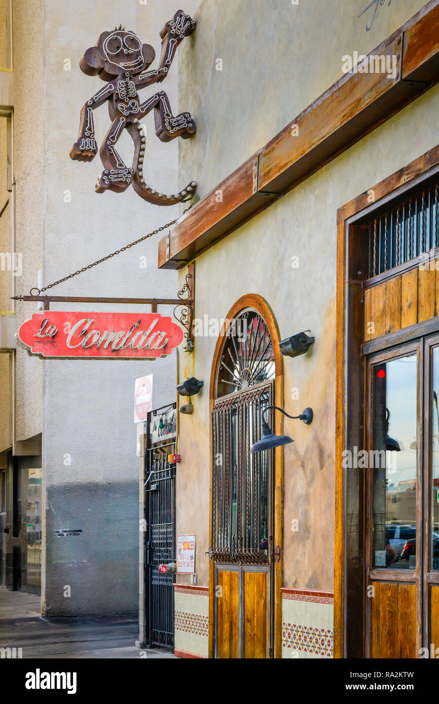 The charming architectural details of  the entrance to the La Comida Mexican restaurant, on Sixth and Fremont Streets in downtown Las Vegas, NV Stock Photo