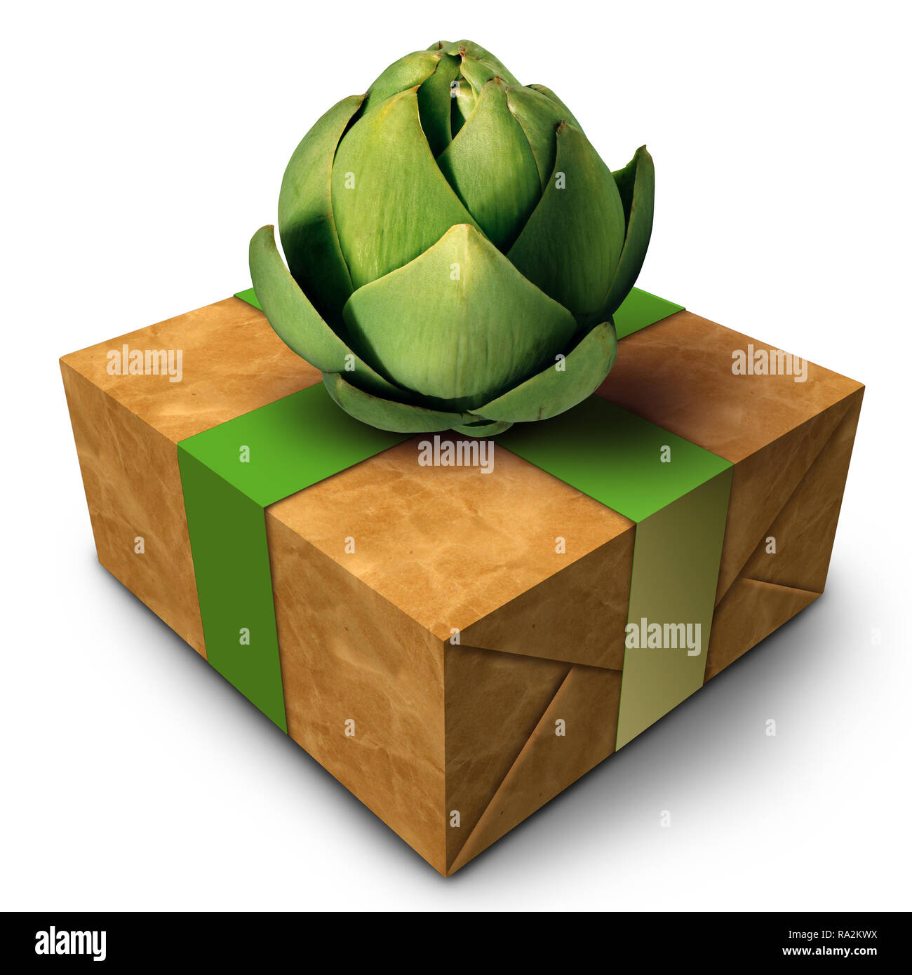Wellness gift and healthy eating present or healthy organic farm produce food delivery with 3D illustration elements as an artichoke as a ribbon bow. Stock Photo
