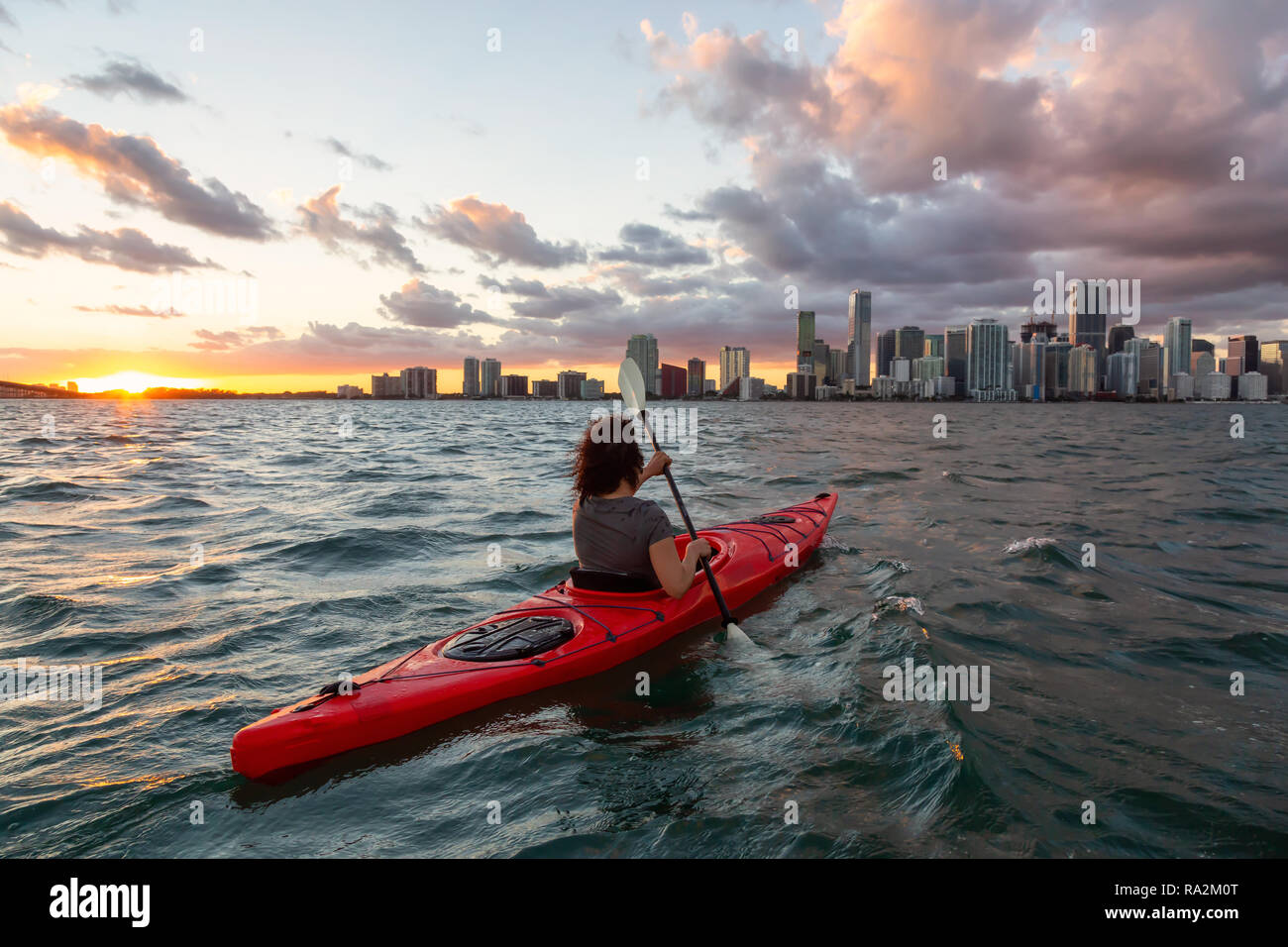 Adventurous girl kayaking in front of a modern Downtown Cityscape during a dramatic sunset. Taken in Miami, Florida, United States of America. Stock Photo