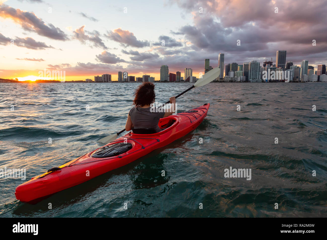 Adventurous girl kayaking in front of a modern Downtown Cityscape during a dramatic sunset. Taken in Miami, Florida, United States of America. Stock Photo