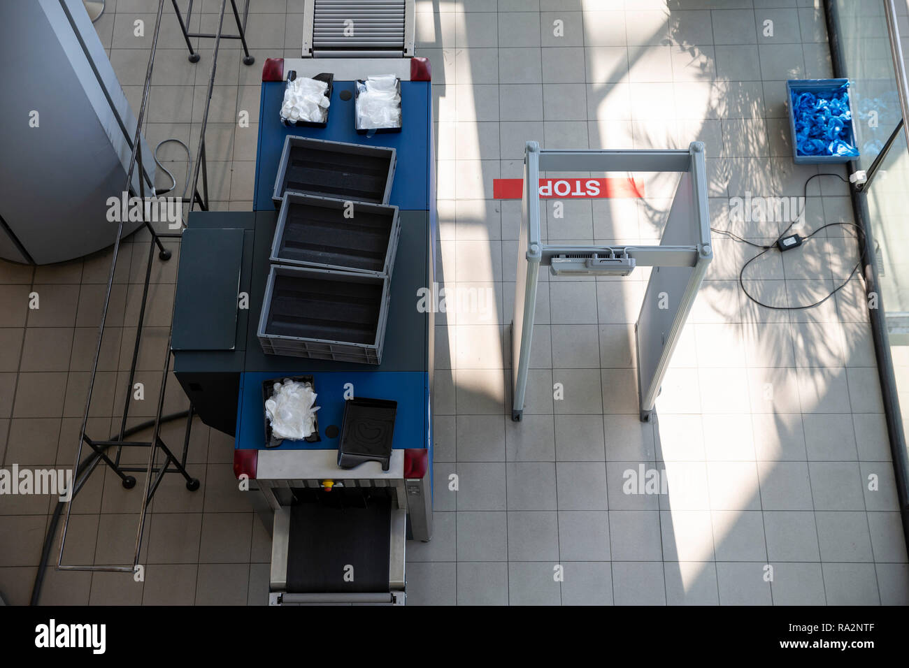 Luggage scanner security checkpoint at the airport. No people. From above. Stock Photo